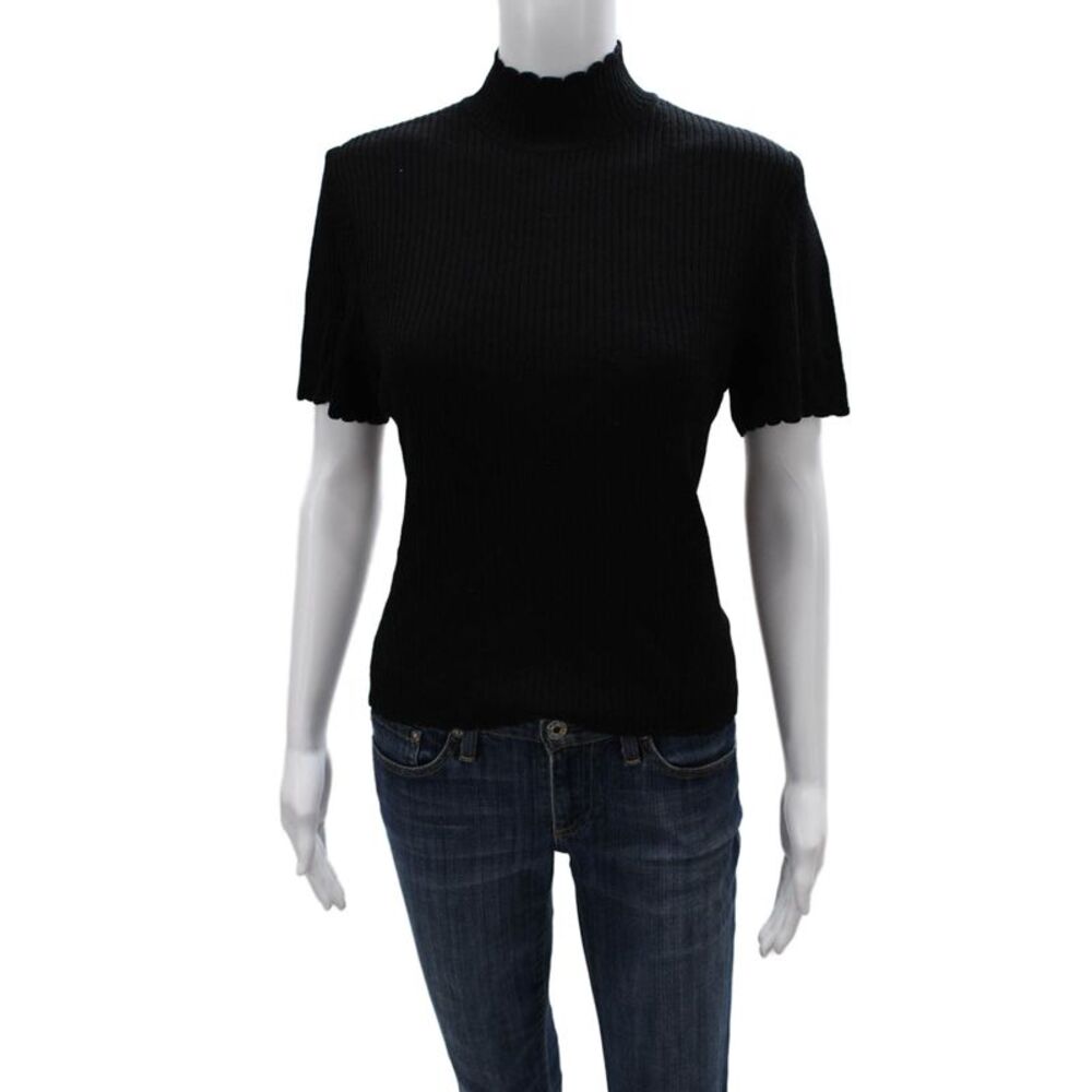 St. John Basics Womens Black Wool Rayon Mock Neck Zip Short Sleeve Top Size PP